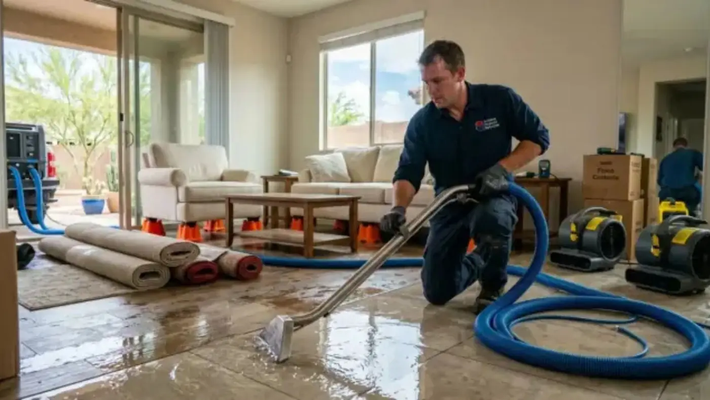 Technician in a living room extracting water from a wet floor with a wand and hose while air movers run around the room